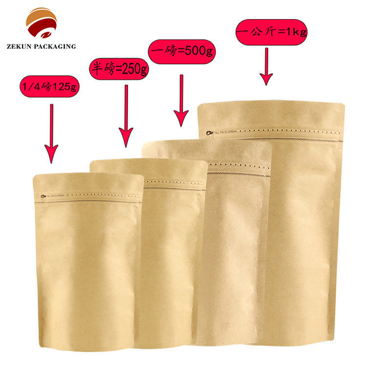 Calidad alimenticia Nuts de cremallera sellables térmicamente Embalaje Plata hasta 10 colores Bolsas de café de papel de aluminio con válvula